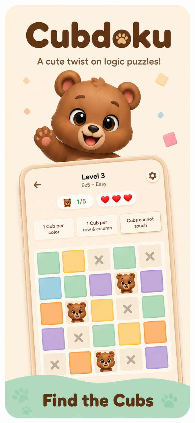 Cubdoku gameplay screenshot — a colorful puzzle grid with a waving bear cub