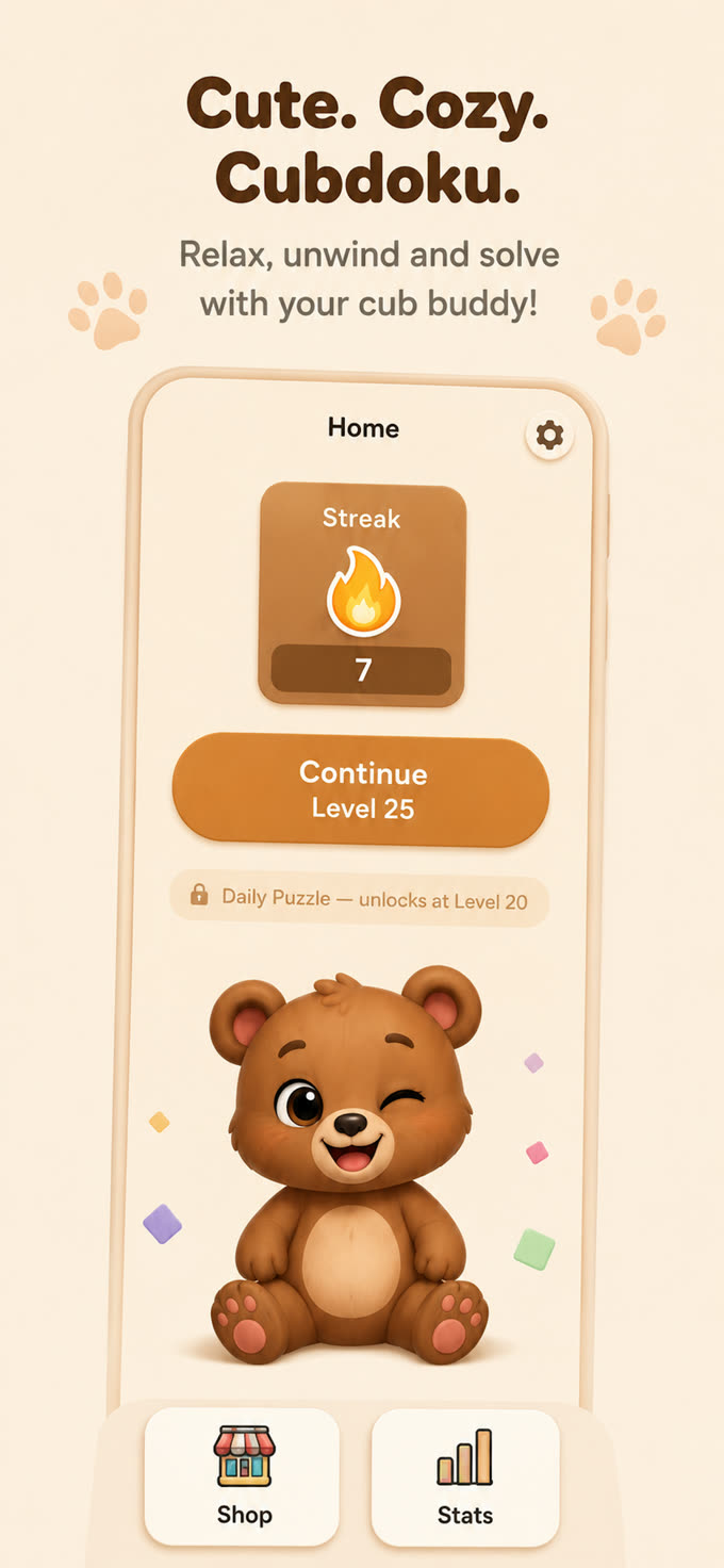 Cubdoku screenshot: Cute, cozy Cubdoku home screen with streak counter